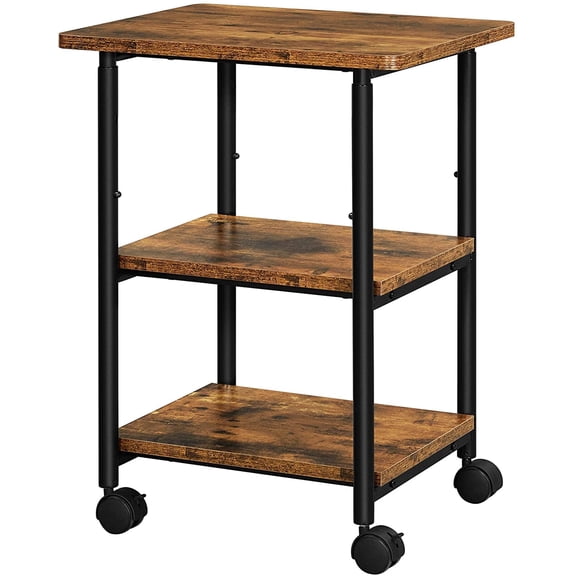 VASAGLE Industrial Printer Stand 3-Tier Machine Cart with Wheels and Adjustable Table Top Heavy Duty Storage Rack for Office and Home Rustic Brown and Black