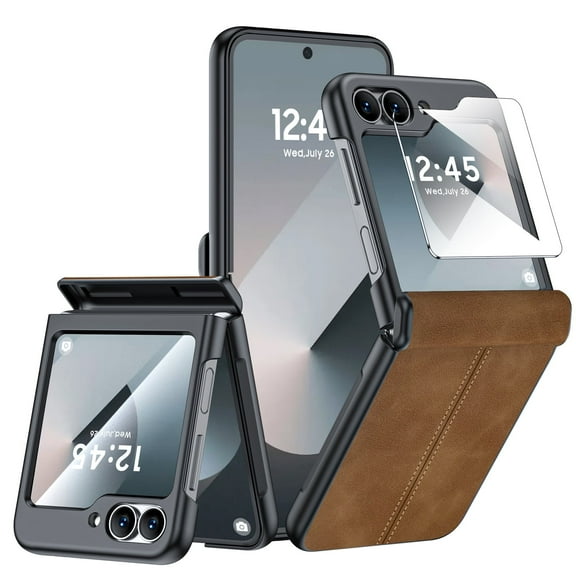 Oupeigar for Samsung Galaxy Z Flip 6/7FE Phone Case,with Hinge Protection & Screen Protection,Ultra Thin Leather Shockproof Cover Case-Brown
