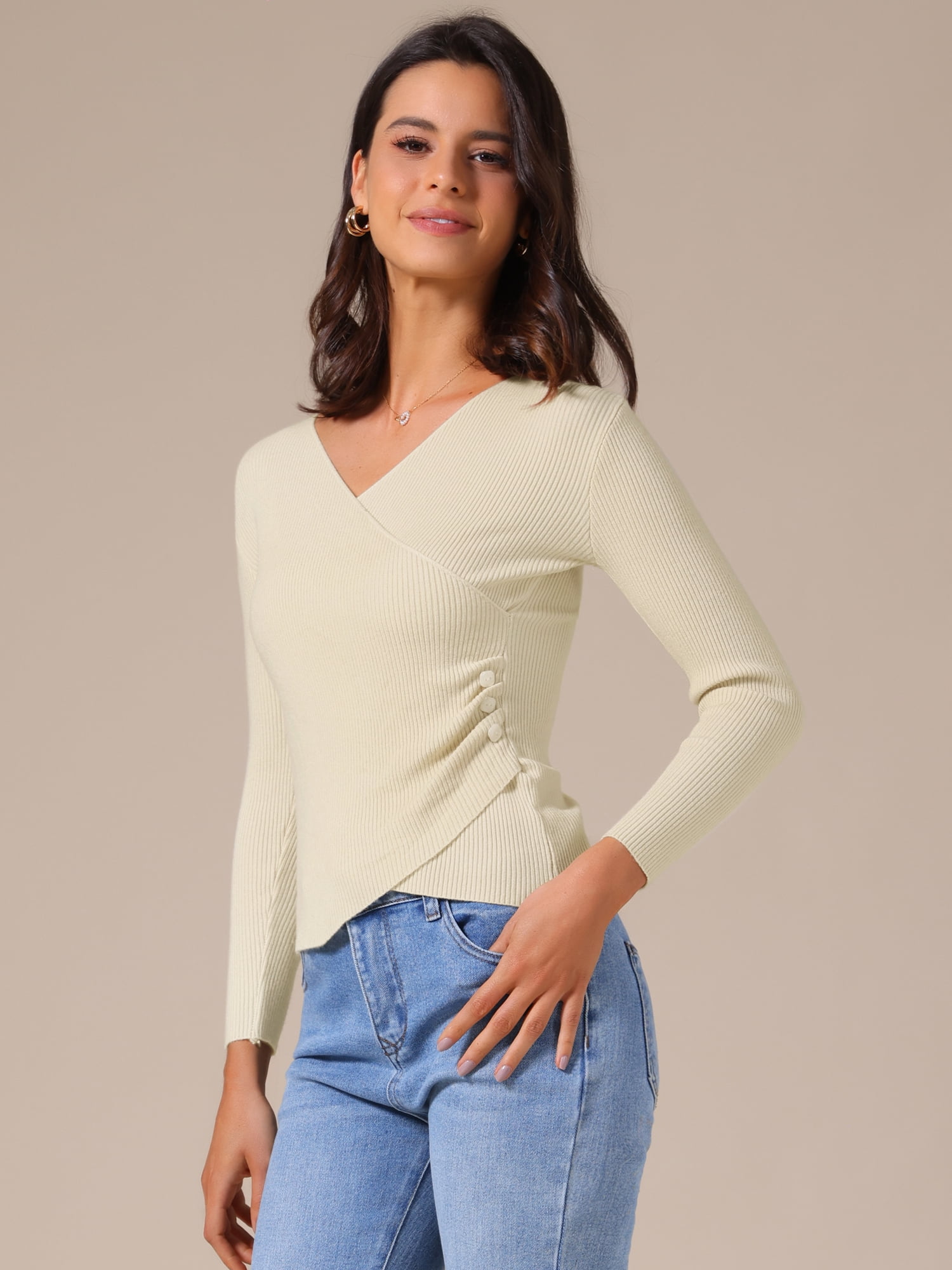 DARING DIVA Women's V Neck Fitted Ruched Waist Criss Cross Knitted Wrap Tops S Beige