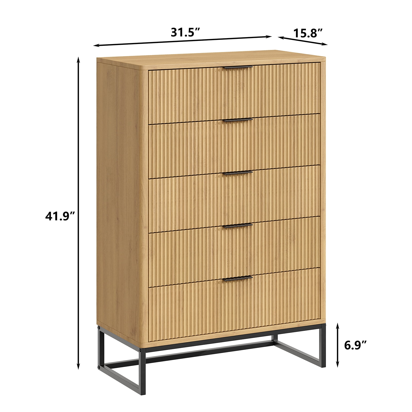 Furnihold Fluted 5 Drawers Dresser,Storage Drawers,Modern Closet Dressers Chest of Drawers, Wood Storage Dresser Organizer for Bedroom