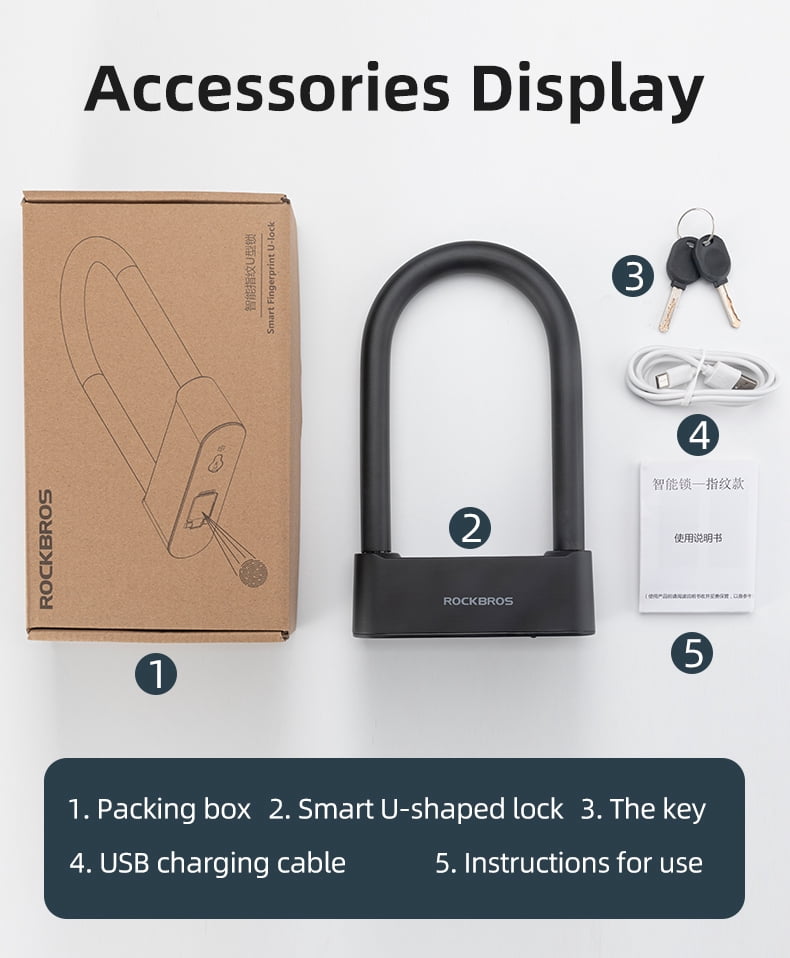 Rockbros Heavy Duty Smart Remote Bike U Lock Fingerprint Bicycle Locks APP Lock