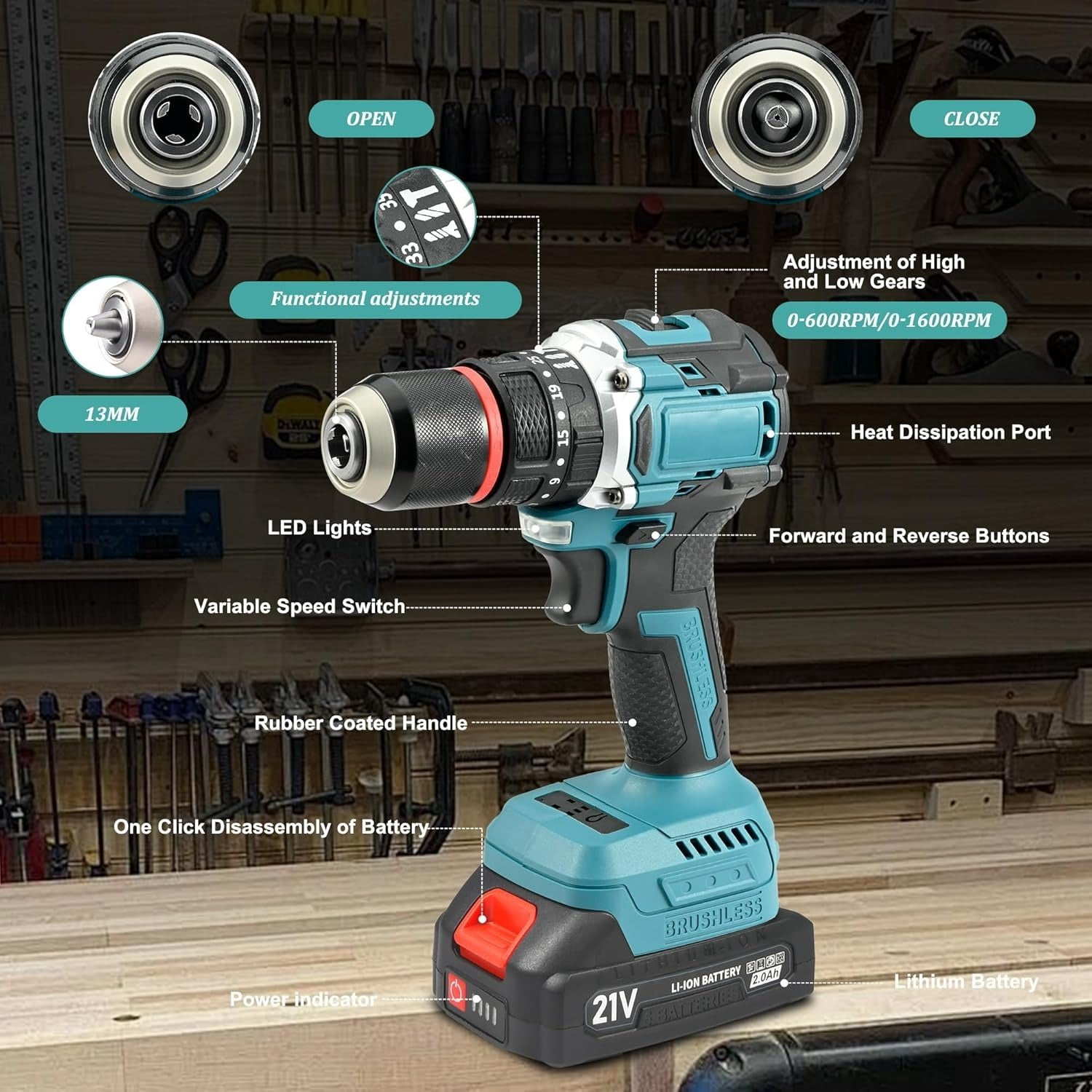 LithiCraft 21V Brushless Cordless Drill/Driver Kit w/ (2) 2000mAh Batteries, Charger & 24-Piece Bit Set, 55Nm Torque, 1/2" Keyless Chuck