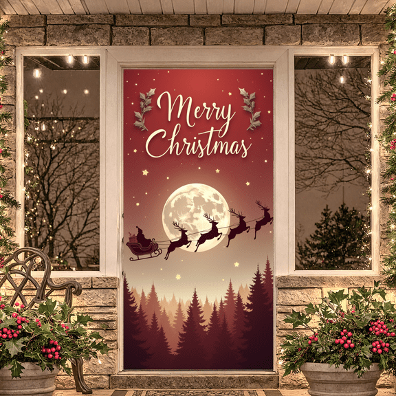 Decorative Christmas Banner Holiday Celebration Santa Sleigh Moonlight Reindeer Festive Design for Home Decor Party Decoration Outdoor Events