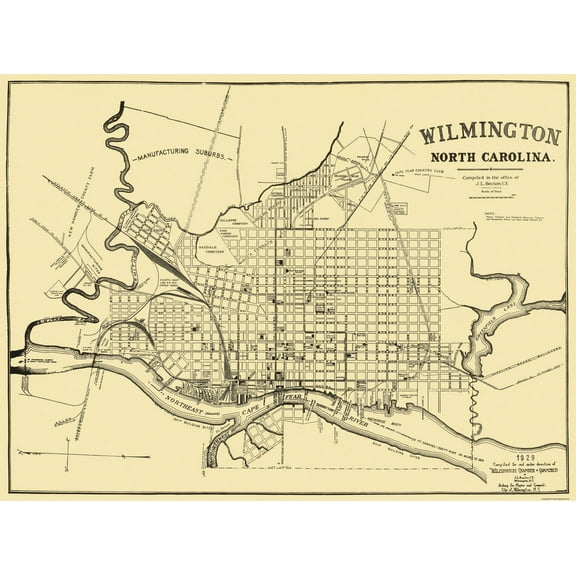 Historic City Map - Wilmington North Carolina - Becton 1929 - 31 x 23 - Vintage Wall Art