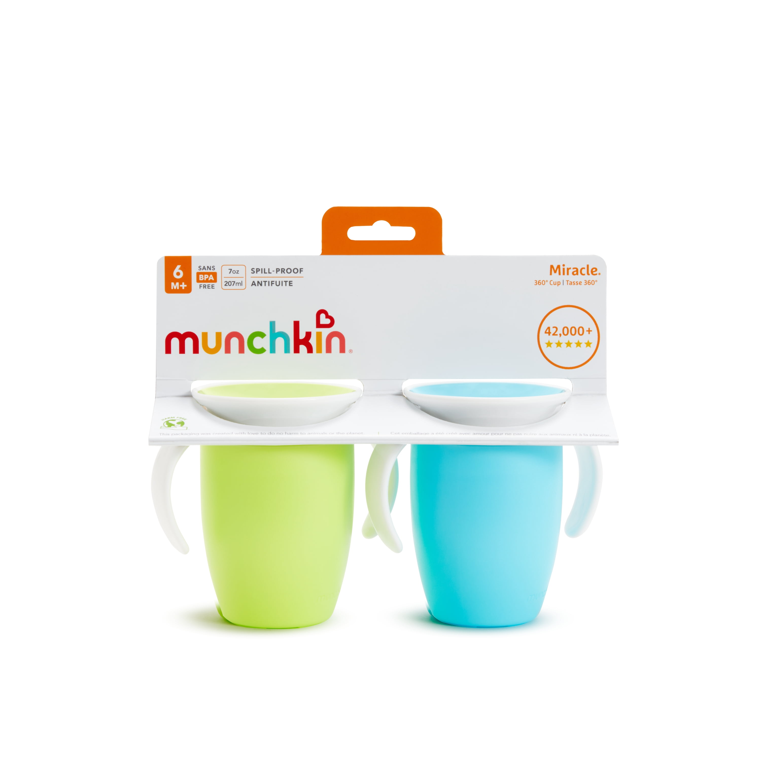 Munchkin Miracle 360° Trainer Sippy Cup with Handles, Spill Proof, 7 oz, 2 Pack, Blue/Green, Unisex