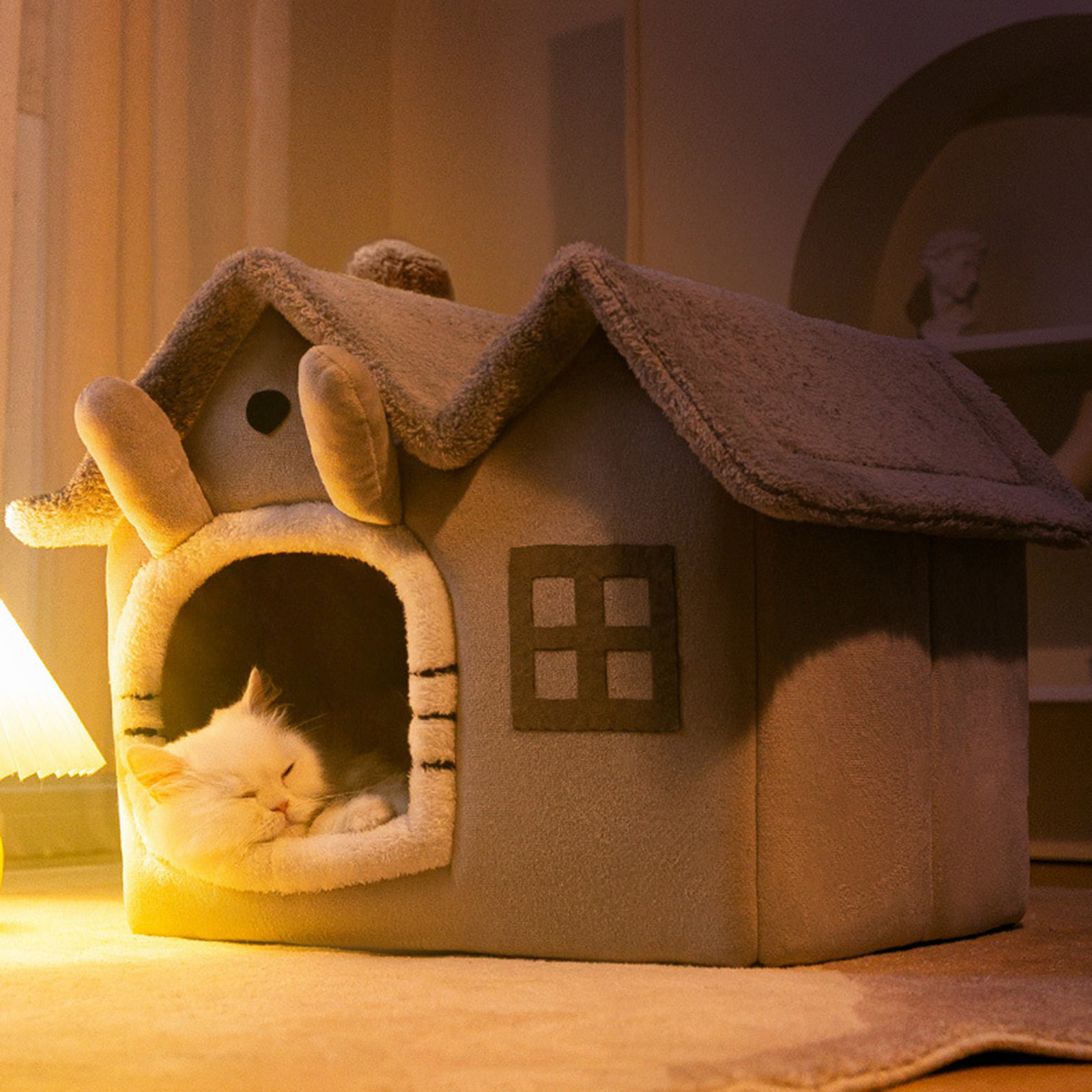 UNTERING Double Roof Detachable Pet Cat Bed Warm Cat Cushions Cat House Warm Cat Basket Dog Cat Nest Kennel for Small Dog Cat