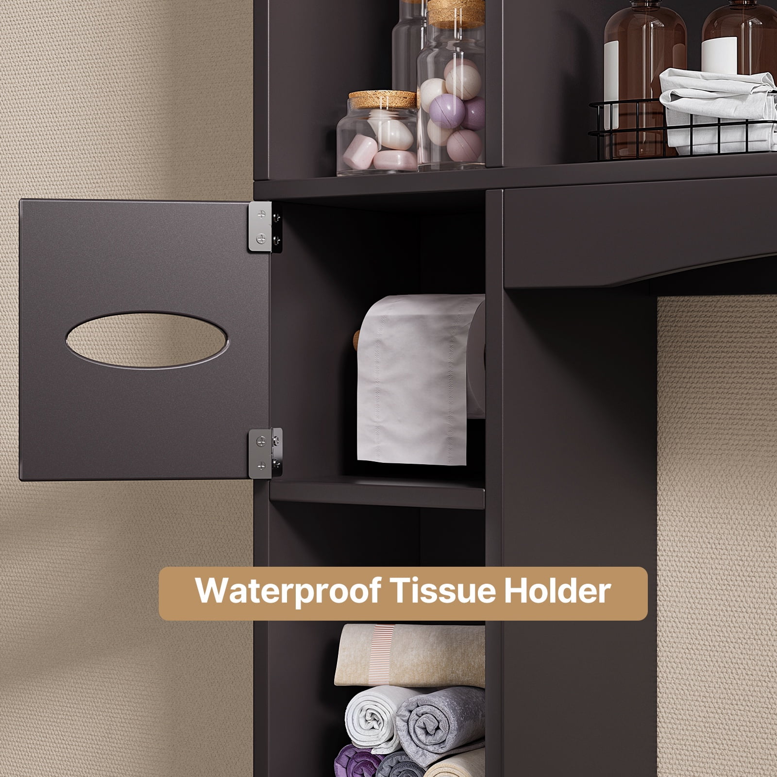 Over The Toilet Storage Cabinet, Asofer 66''H Bathroom Storage Organizer with Paper Holder and Adjustable Shelf, Dark Brown