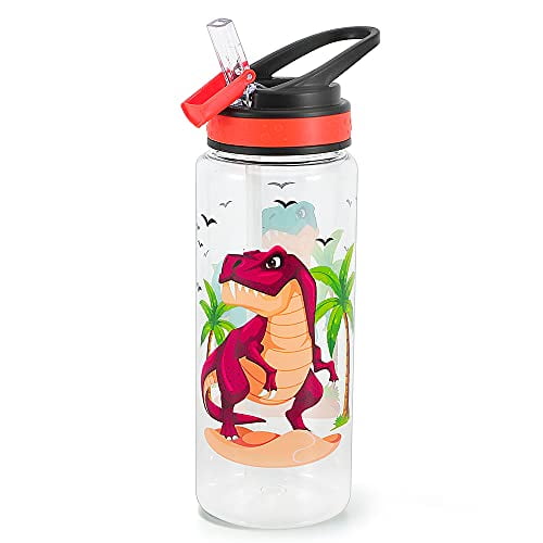 Cute Water Bottle for School Boys, BPA FREE Tritan & Leak Proof Flip Straw & Easy Clean & Carry Handle, 23oz/ 680ml - Dinosaur