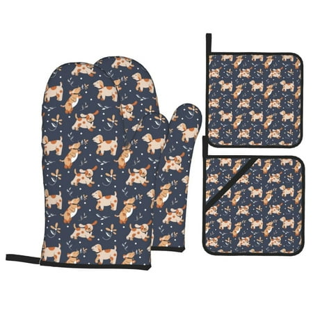 

Oven Mitts and Pot Holders 4 pcs Set Cute Dog Puppy flower Heat Resistant Pot Holders Oven Mitts for kitchen Non-Slip Hanging Loop Oven Glove Potholders for Baking Cooking