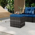 thumbnail image 6 of 2 PCS Outdoor Patio Ottoman, All-Weather Grey Brown Wicker Rattan Outdoor Footstool Footrest Seat with Blue Cushion, 6 of 8
