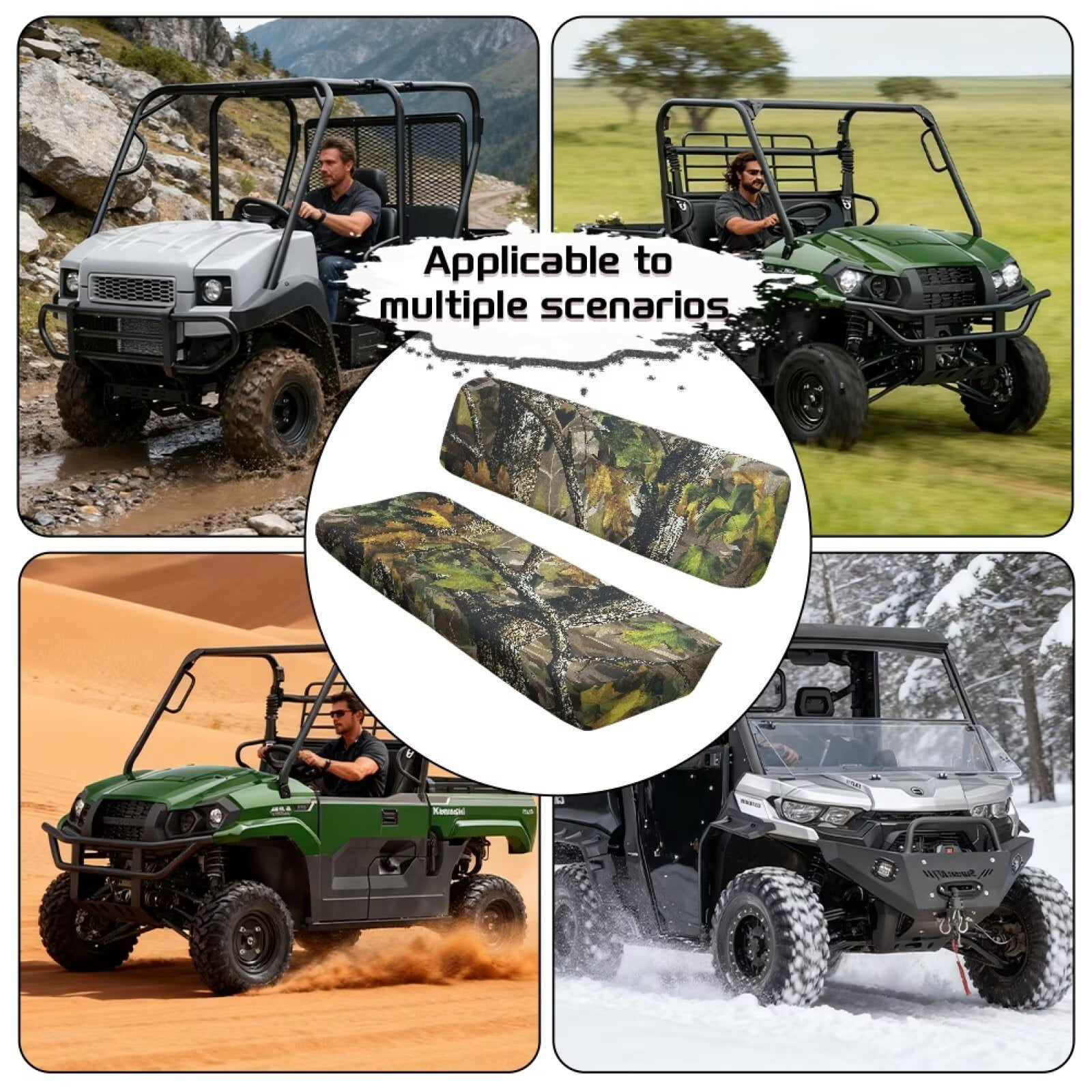 Uorisanigo UTV Seat Covers Set Dustproof Camouflage Hunting Mule Seat Cover Cushion Suitable for Kawasaki Mule 4010 4x4 2009-2025 Full Protection Covers, Anti-Slip UTV Accessories