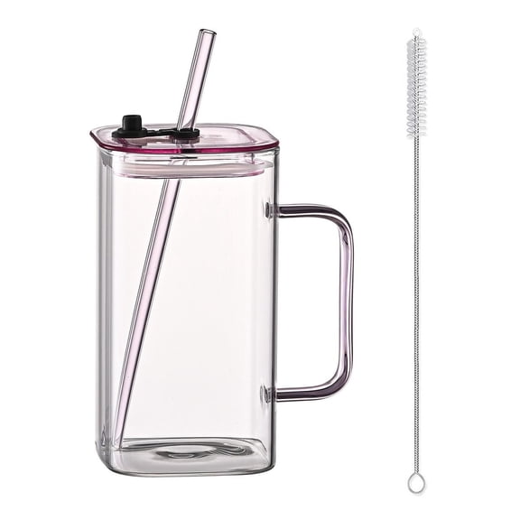 Square Glass Straw Cup with Lid, High Borosilicate Glass Tumbler for Milk, Juice, Iced Coffee, and Tea, 1 Piece