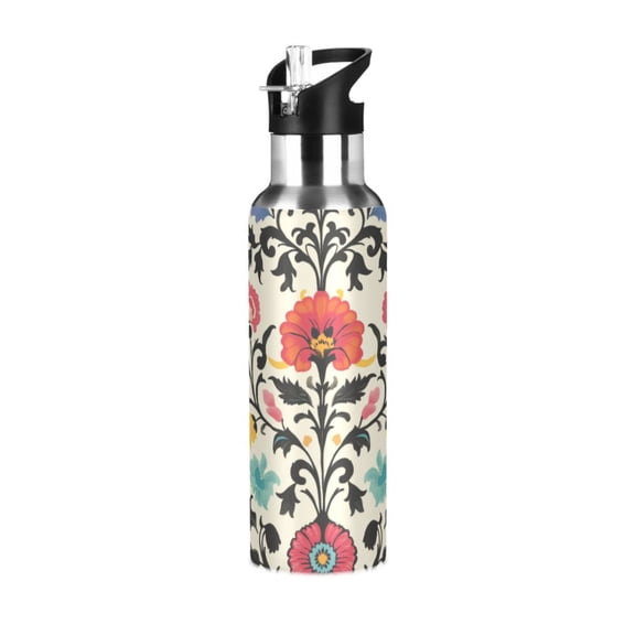 Yayeee 20oz Insulated Water Bottle Double Wall Stainless Steel with Flip Straw Lid, Beige Red Floral