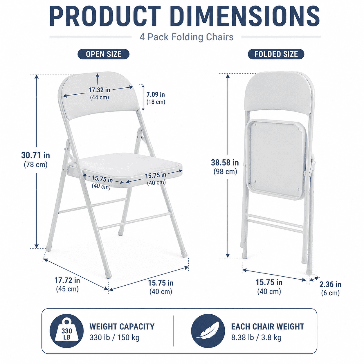 Alvantor 4-Pack White Folding Chairs,Padded PVC Seat and Back,Steel Frame,Portable Seating for Home Office Party Event,330 lbs Capacity