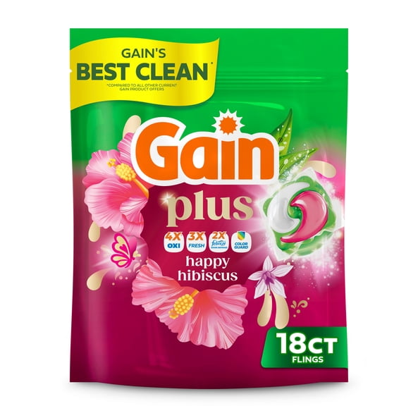 Gain Plus Flings Laundry Detergent Soap Pacs, All-In-One, Happy Hibiscus Scent, 18 Count