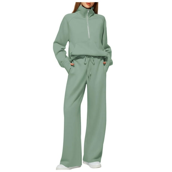 Yindaity Lounge Sets for Women 2 Piece Zip Up Sets Knit Sets Long Sleeve Winter Sweater Wide Leg Pants Outfits (Green,L)