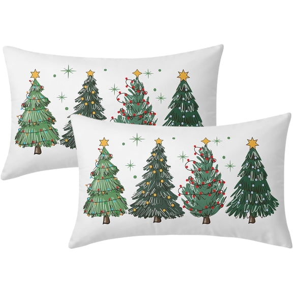 Green Christmas Tree Lumbar Throw Pillow Covers 12X20 In Set of 2 Xmas Tree Lights Stars Decorative Rectangle Pillow Cases Winter Holiday Pillow Cover Farmhouse Home Decor For Living Room Sofa Couch