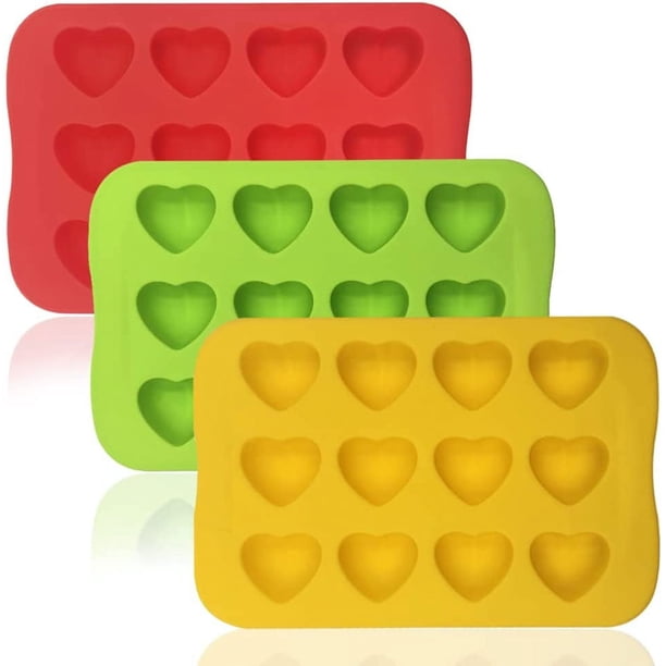 Moldes de silicona en forma de corazón, SourceTon 3 paquetes de 12 cavidades, molde de silicona en forma de corazón para de chocolate, gelatina, pudín, molde para hacer dulces (rojo, amarillo, verde)
