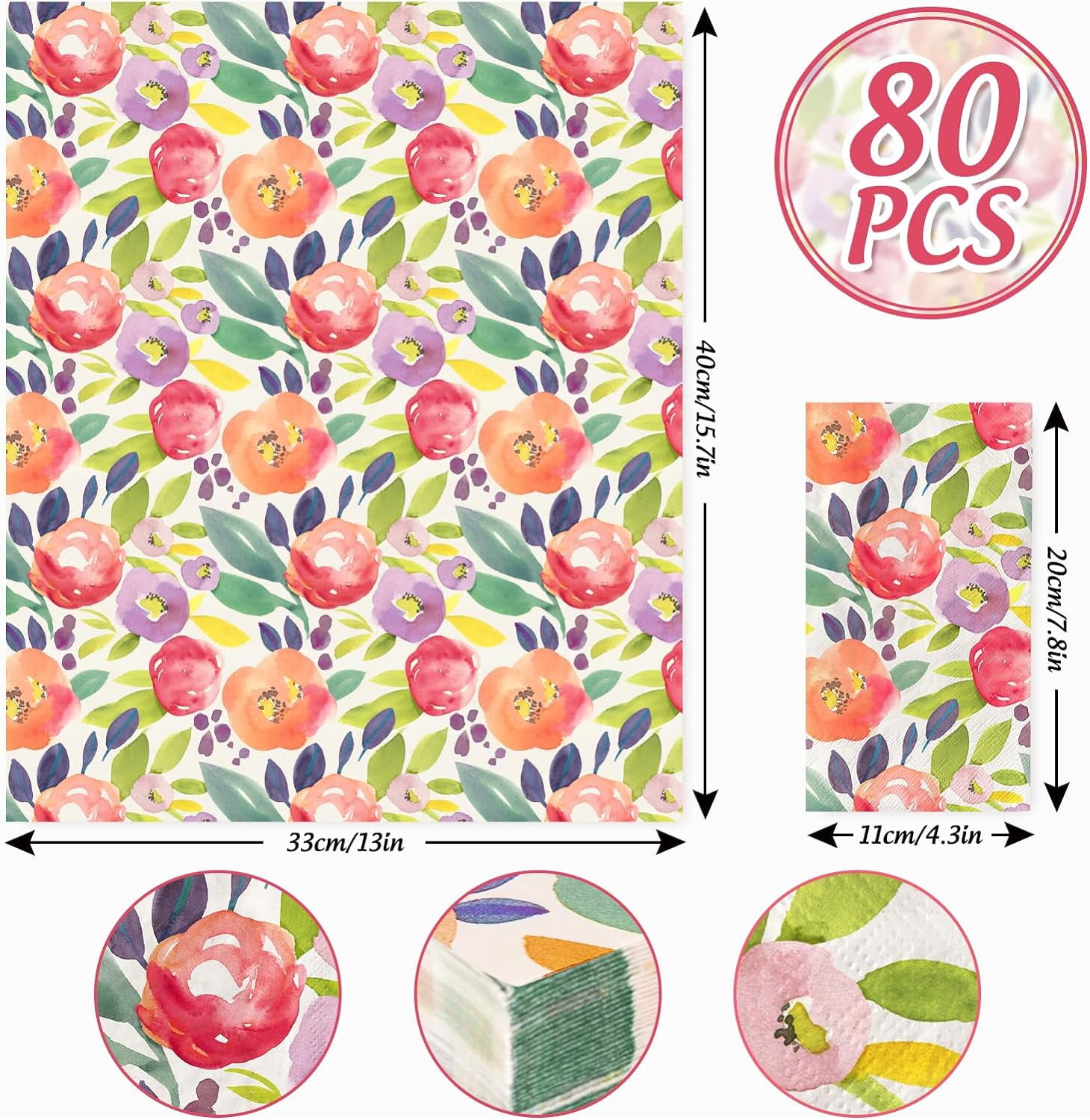80 Pack Floral Guest Napkins Watercolor Flower Paper Dinner Napkins Decorative Disposable Hand Napkin for Wedding Birthday Baby Shower Bridal Shower Tableware Supplies, 13 x 15.7 Inch.