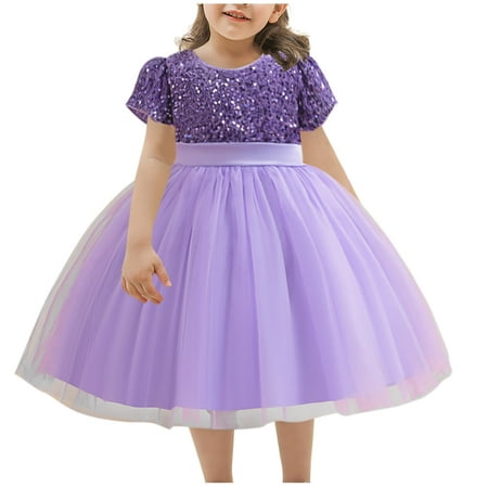 Zpanxa Girls Summer Dress Kids Dress Sequin Dress Princess Dress Flower Wd Dress Purple 7 Years