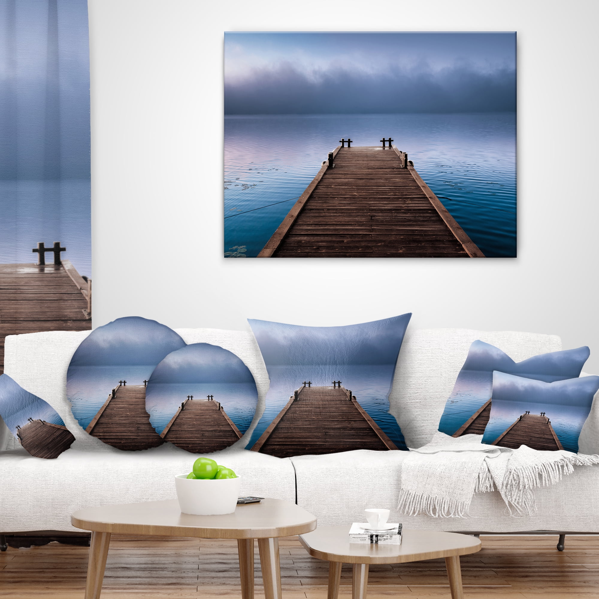 Designart Wooden Pier under Foggy Sky - Seascape Throw Pillow - 18x18