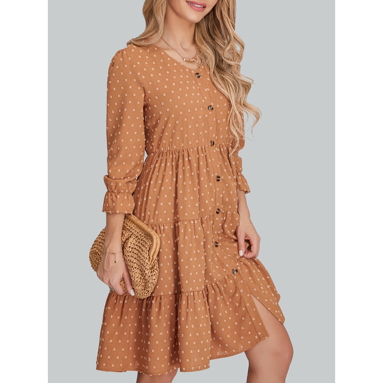 Women's Summer A-Line Dress Swiss Dot Long Sleeve V-Neck Front Button High  Waist Knee Length Dress - Walmart.com