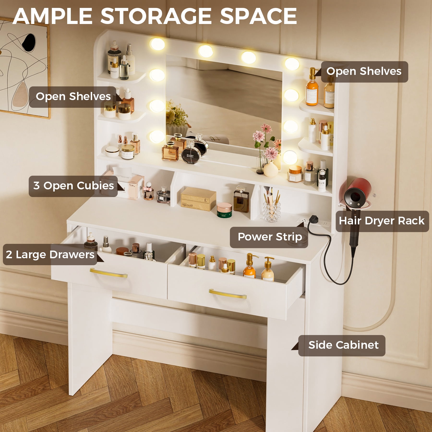 COMHOMA  Vanity Desk with Mirror and Lights, Hairdryer Holder, 5 Drawers, Bedroom Dresser Table for Girls