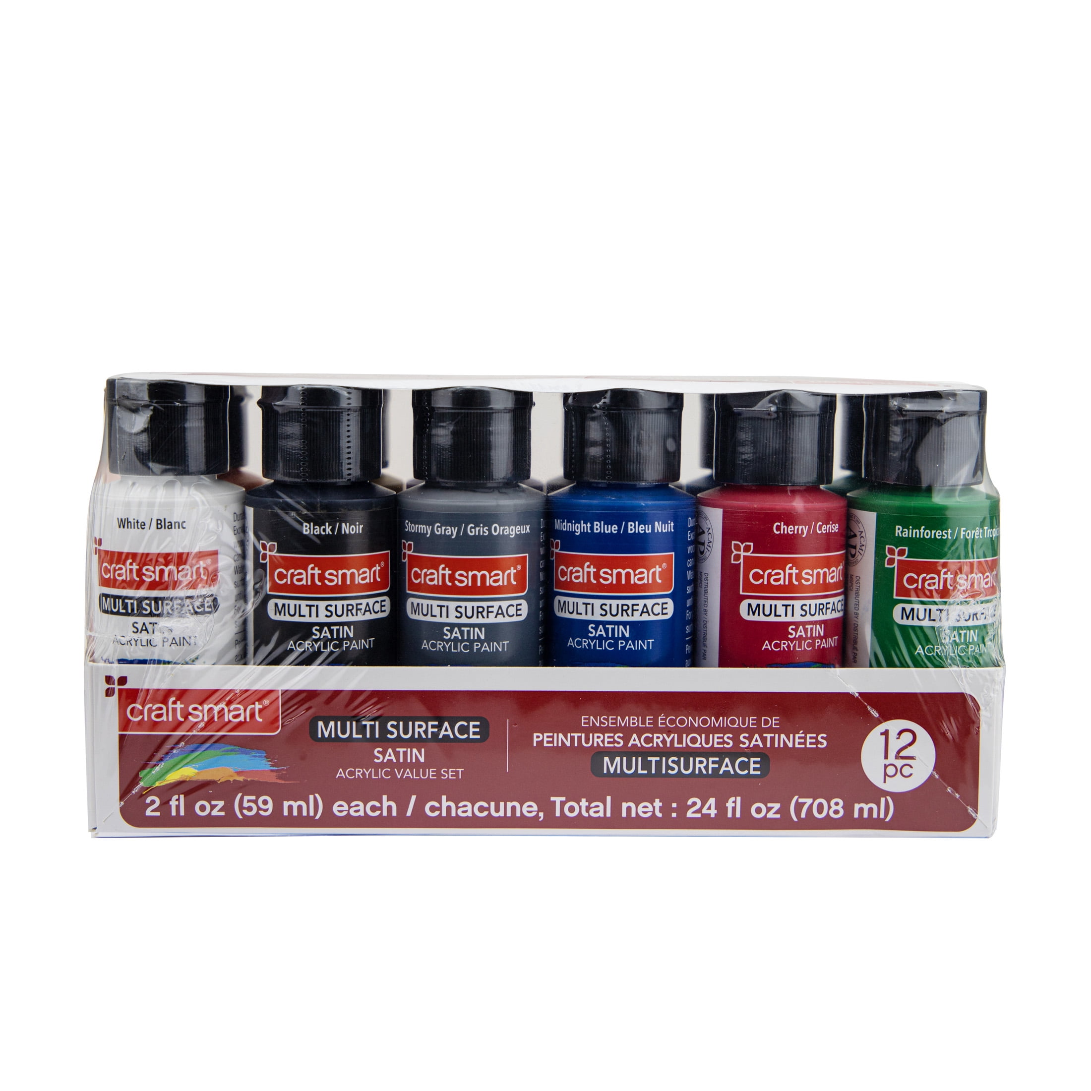 Craft Smart Basic Colors Premium Satin Acrylic Paint Set - Assorted Multi-Surface Colors, Bakeable for Dishwasher-Safe Finish, 6 Pack