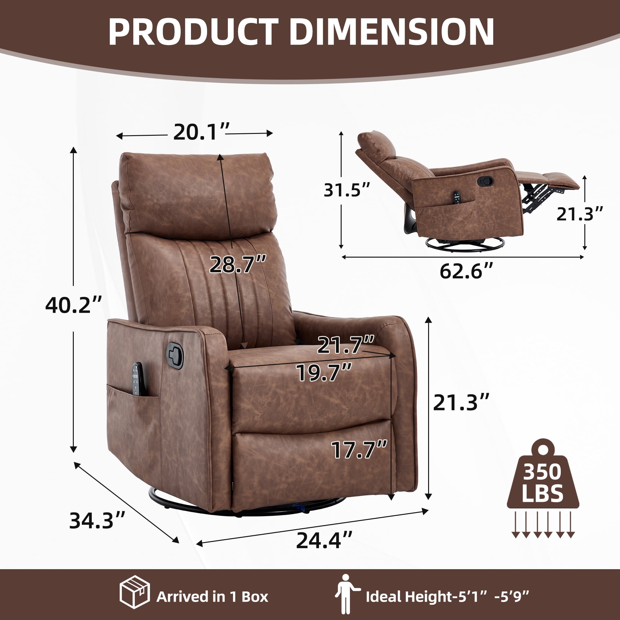 Aukfa Massage Recliner Chair with Heat, Faux Leather 360° Swivel Rocker Recliner, Overstuffed Manual Reclining Glider Chair with Vibration, Brown