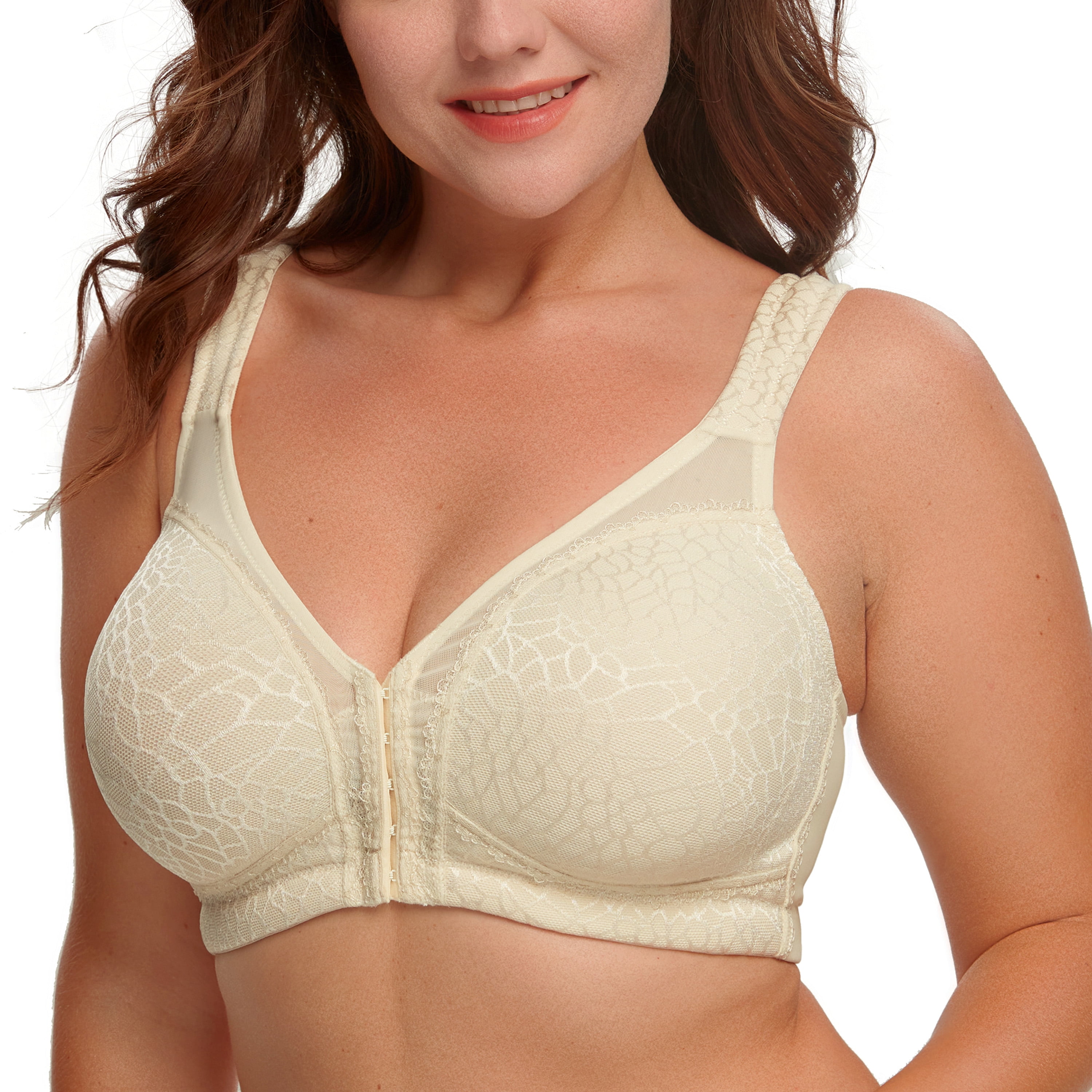 Exclare Women's Front Closure Full Coverage Wirefree Posture Back Everyday  Bra(42DDD, Beige)