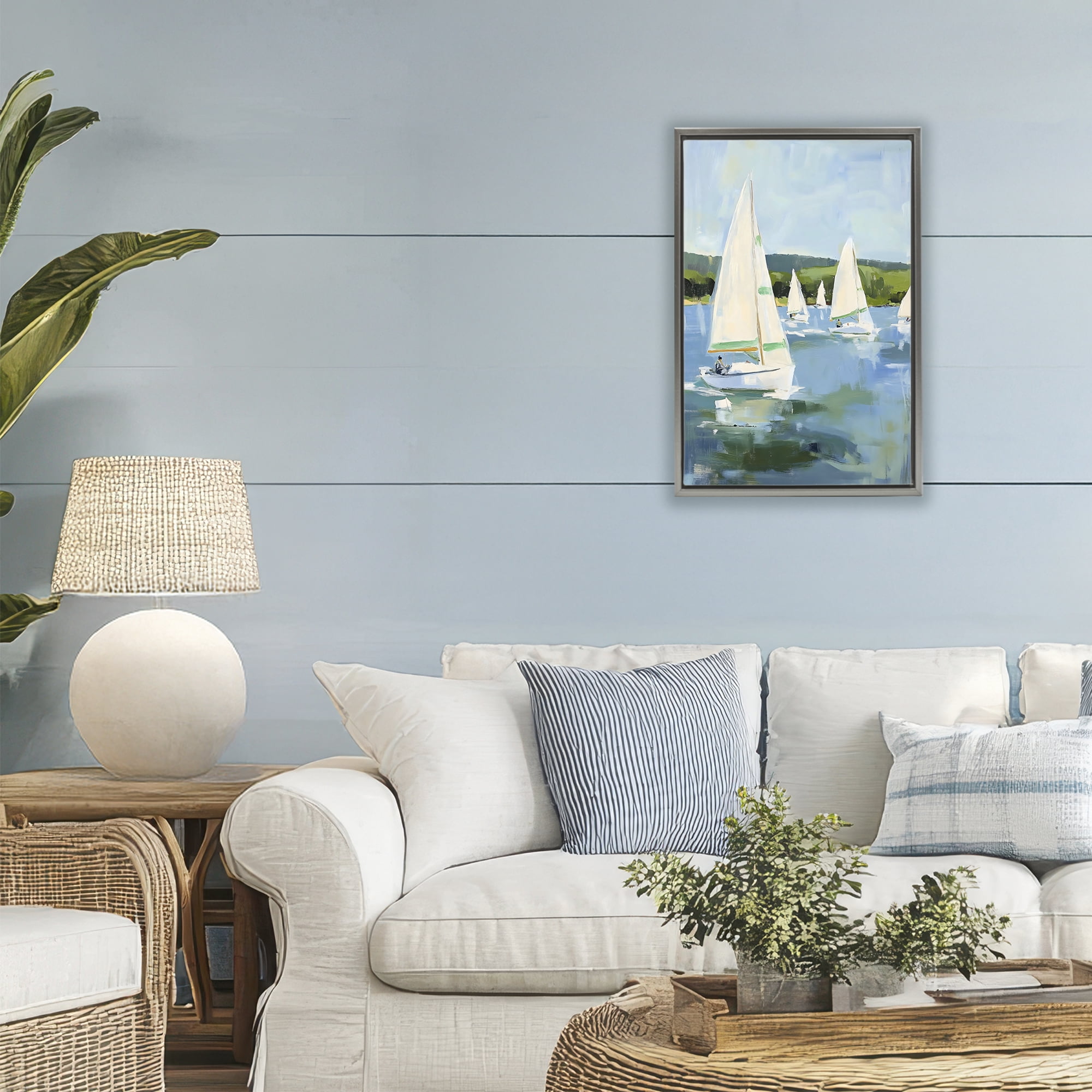 Stupell Industries Boat Race Regatta Gray Framed Floater Canvas Wall Art, design by Petal Prints Design