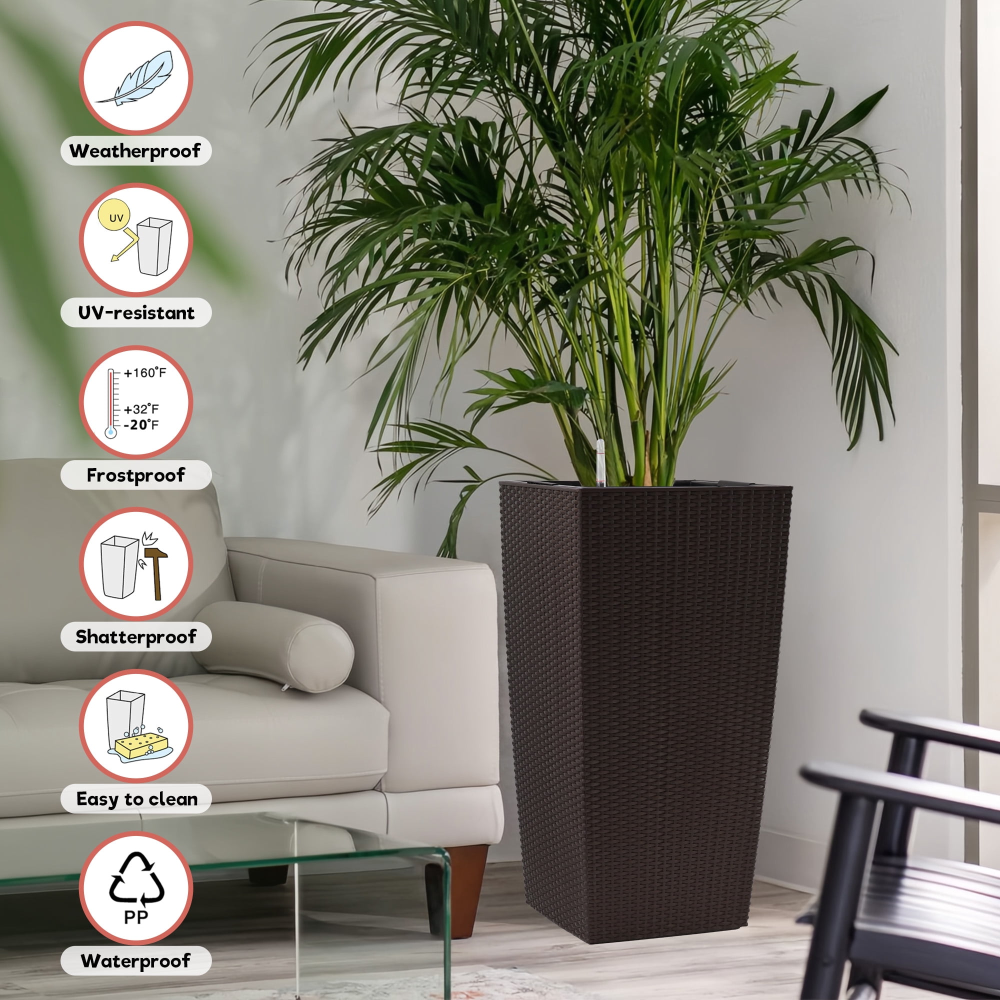 30 in Tall Large Flower Pots Planter with Self-Watering Drainage Holes&Inner Trays Indoor Outdoor Plant Pot with Drain Holes, Water Level Monitor,Garden, Patio, Porch, Backyard,Brown