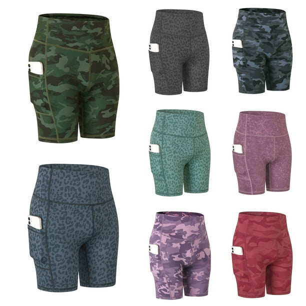 Pantalones cortos deportivos para mujer Pantalones cortos de yoga Estampado de camuflaje Bolsillo de cintura alta