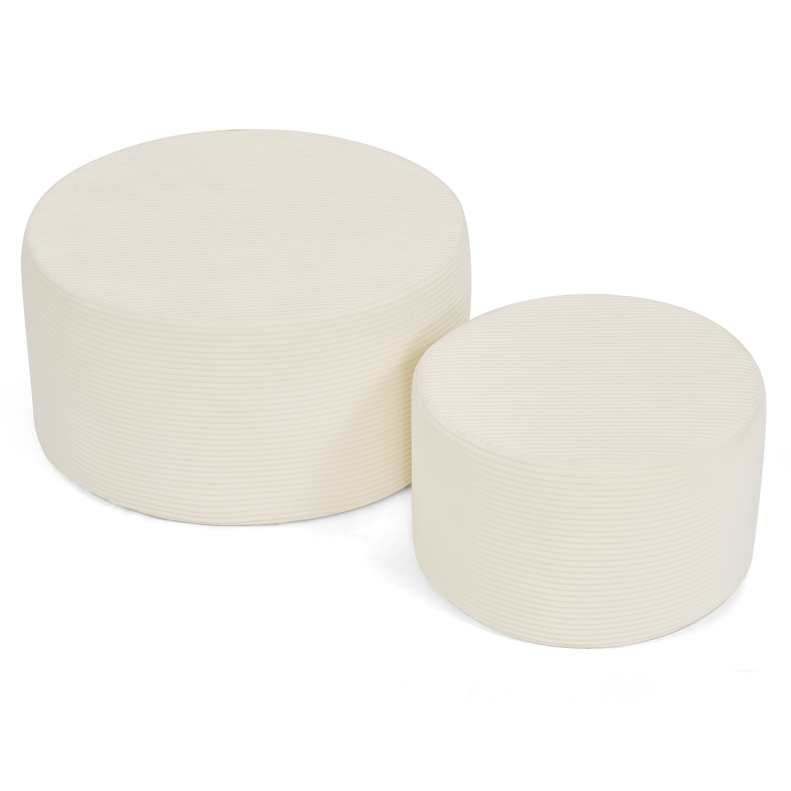 Aukfa 2-Piece Round Ottoman Set, Upholstered Coffee Table & Nesting Footrest Stools for Living Room, Bedroom, Beige