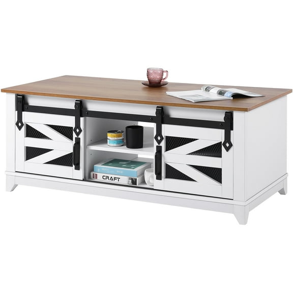 KFFKFF 48" Country-Style Coffee Table, Rectangular Table with Dual Sliding Barn Doors, Double-Layered Rustic Wooden Table with Detachable Shelves for Lounge, Bedroom, Apartment, or Studio