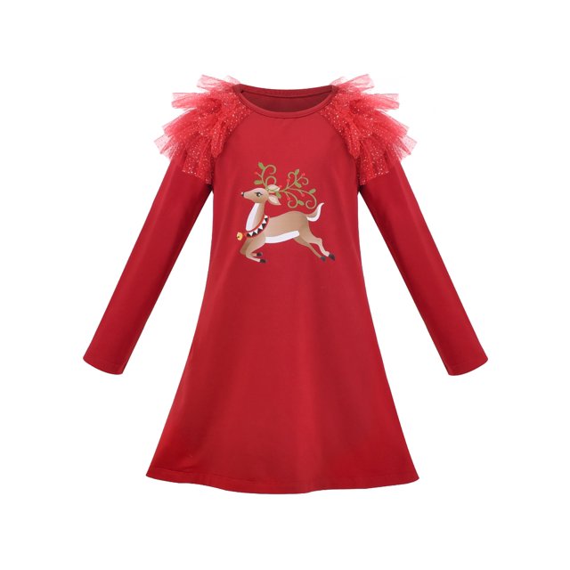 Robe Fille Noël Rouge Renne Col Rond Manches Longues Évasées 7 Ans
