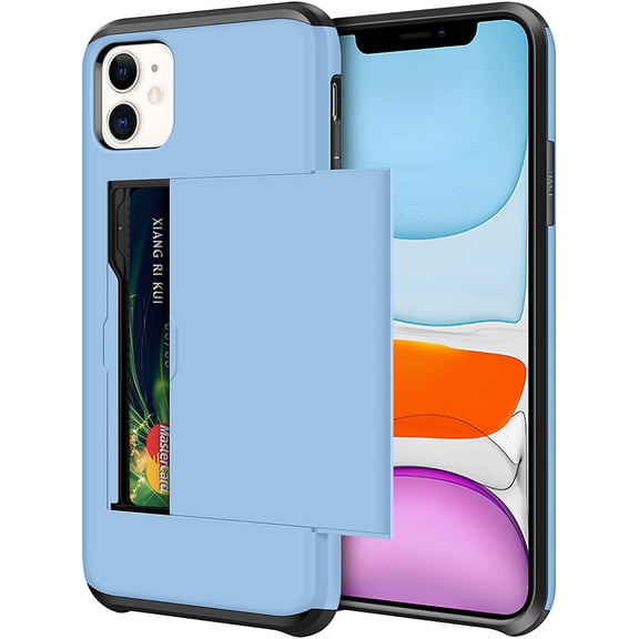 Wallet Case for iPhone 11 Case with Card Holder Protective Case Dual Layer Shockproof Hard PC Soft Hybrid Rubber Anti Scratch Case for iPhone 11 6.1 inch (Light Blue)