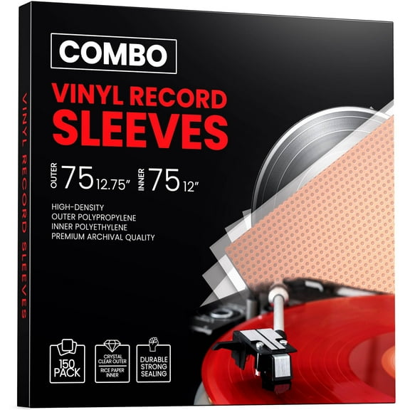150 Vinyl Record Sleeves  Combo Pack 75 Inner and 75 Outer Pack  Clear Plastic Album Covers - Protect Against Moisture, Anti-Static & Scratch-Resistant