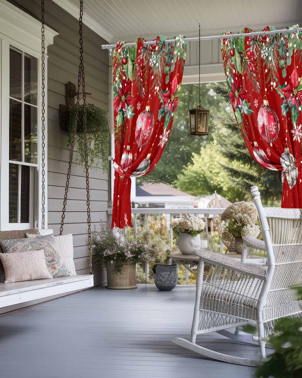 Outdoor Curtains for Patio, Red Christmas Balls Waterproof Blackout Outside Curtain for Porch/Pergola/Gazebo, Xmas Snowflake Botanical Thermal Insulated Drapes for Cabana, 1 Panel, 54 x 95 Inch