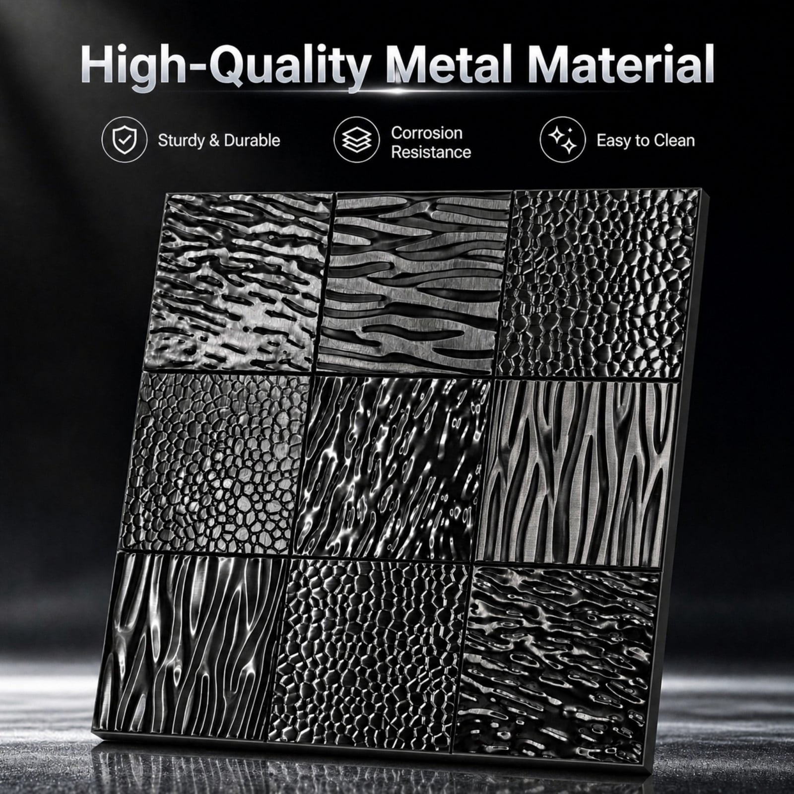 BEAUTYPEAK 5PCS 12"x 12" Textured 3D Metal Wall Panels for Interior Decor, Black