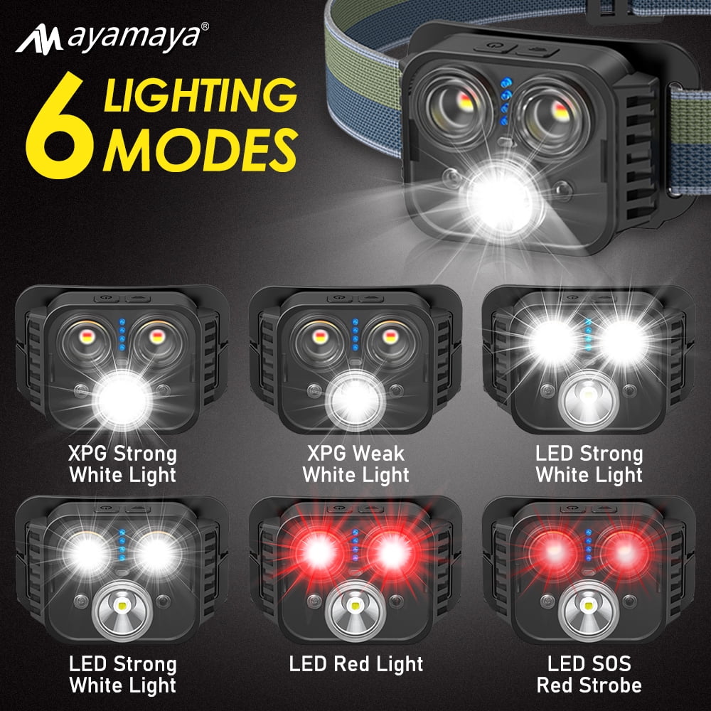 "AYAMAYA LED Headlamp USB Type-A Rechargeable, 500 Lumen Bright Motion Sensor Head lamp Flashlight with Red Light,6 Modes Waterproof Headlight [2 PACK]"