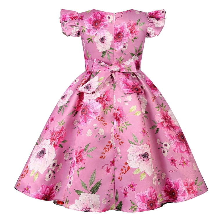 Gubotare Girls Graduation Dress Girls Dresses Summer Ruffle Sleeve Round Neck Twirl Birthday Party Dress with Pockets (Hot Pink,Size 4-5 Years)