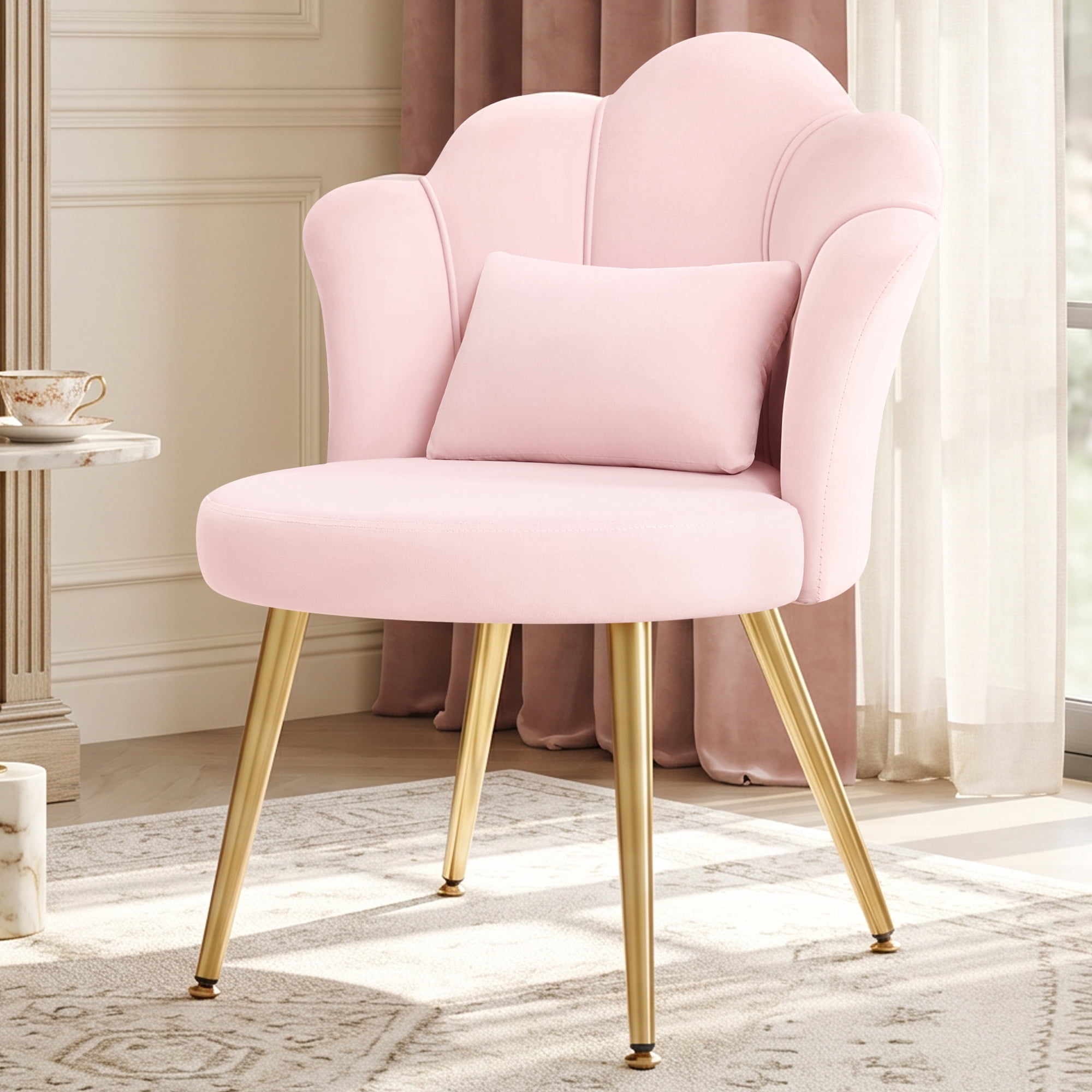 COOLHUT Petal Velvet Vanity Chair, Flower Cute Girls Mack Up Vanity Stool Chair with Lumber Pillow and Adustable Gold Legs, Upholstered Small Desk Chair for Living Room Bedroom Home Office, Pink