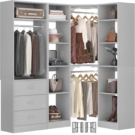 Corner Closet Organizer System With Six Storage Drawers And Ten Shelves Large Reversible Walk In Wardrobe Storage Unit Free Standing Wooden Clothes Hanging Tower Modern Furniture