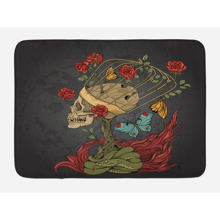 Mexican Bush - Skull Bath Mat, Evil Mexican Sugar Skeleton with Kitsch Bush of Roses Snake and Butterfly Artwork, Non-Slip Plush Mat Bathroom Kitchen Laundry Room Decor, 29.5 X 17.5 Inches, Ruby Dark Grey, Ambesonne