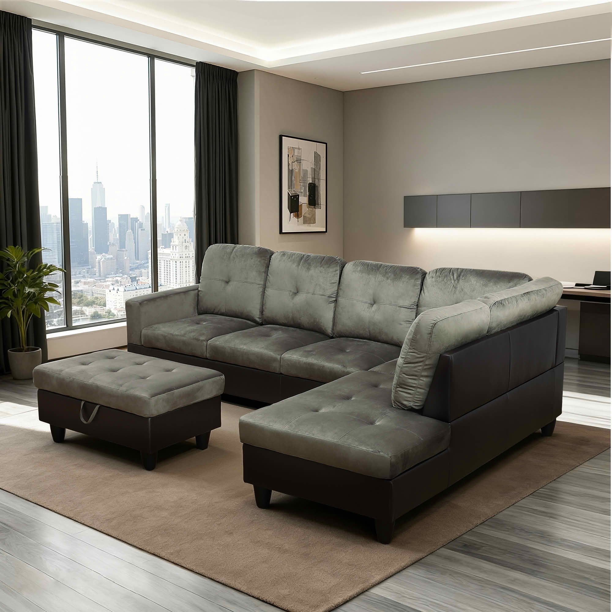 MAYEERTY 103.5" Taupe Flannel & PVC Faux Leather L-Shaped Sectional Sofa, 3 Piece Tufted Corner Couch with Storage Ottoman Solid Wood Frame