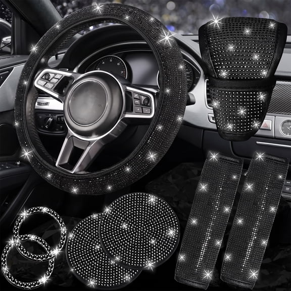 8-Piece Bling Car Accessories Set for Women, Sparkly Steering Wheel, Seat Belt & Gear Shift Covers, Universal Fit Black