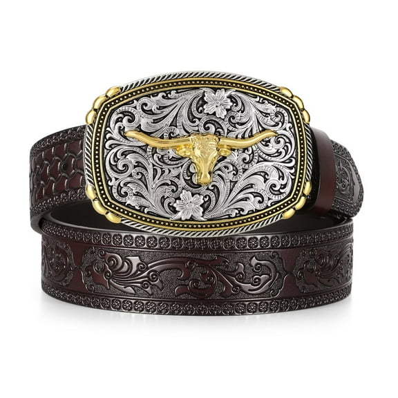 JASGOOD Western Cowboy Belts for Men Women Country Concert Belt with Vintage Big Buckle Coffee