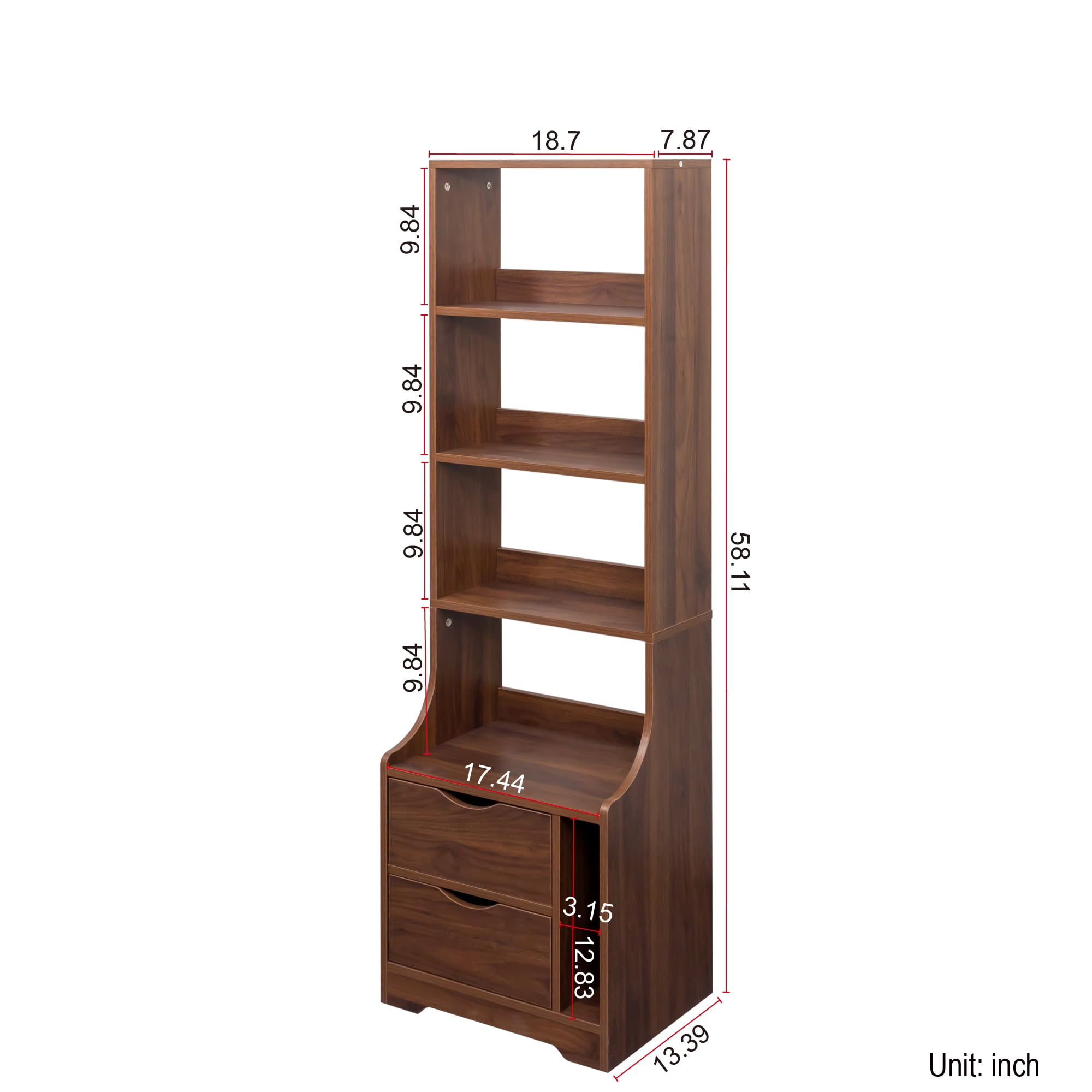 Nightstand, with Integrated Bookshelf and 2 Storage Drawers, Vertical Space-Saving Design for Bedroom and Study, 18.7x13.39x58.11 Inch Walnut