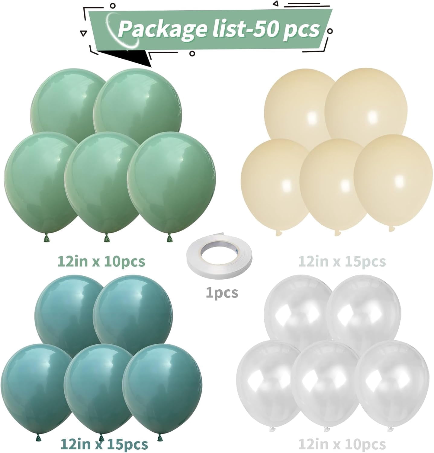 Sage Green and White Balloons, 12 Inch Olive Green Dusty Slate Blue Ivory White Clear Latex Helium Party Balloons for Boys Birthday Baby Shower Wedding  Woodland Jungle Theme Party Decorations